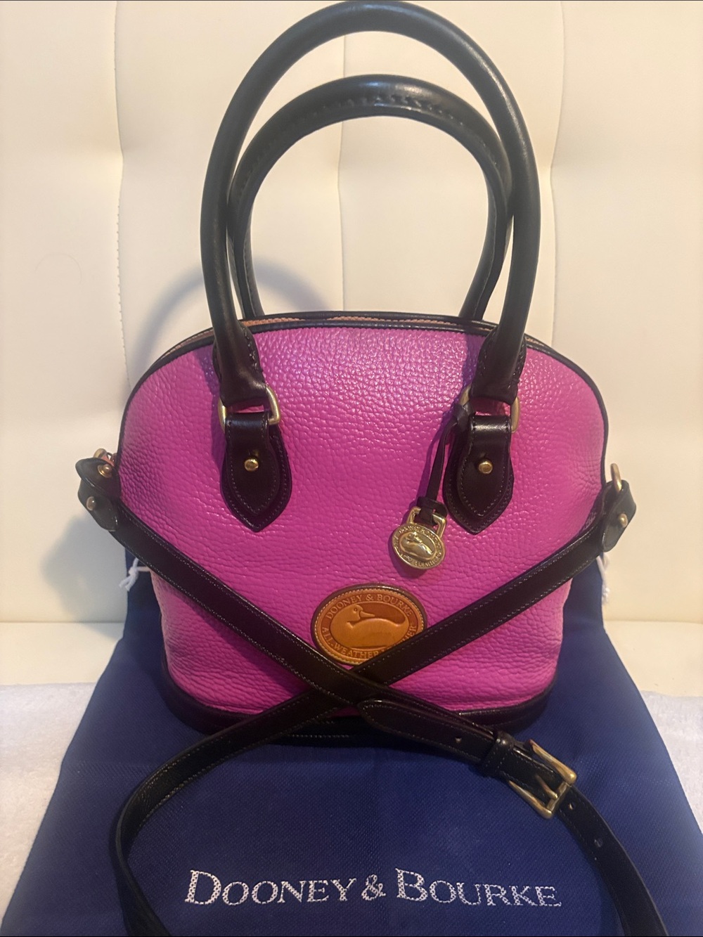“Dooney & Bourke” Fuchsia Leather Satchel w/Black Trim & Long Strap